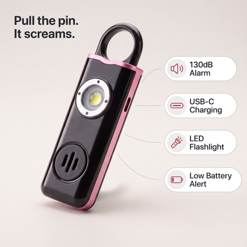 ScreamKey personal safety alarm: 130dB alarm, USB-C charging, LED flashlight, low battery alert